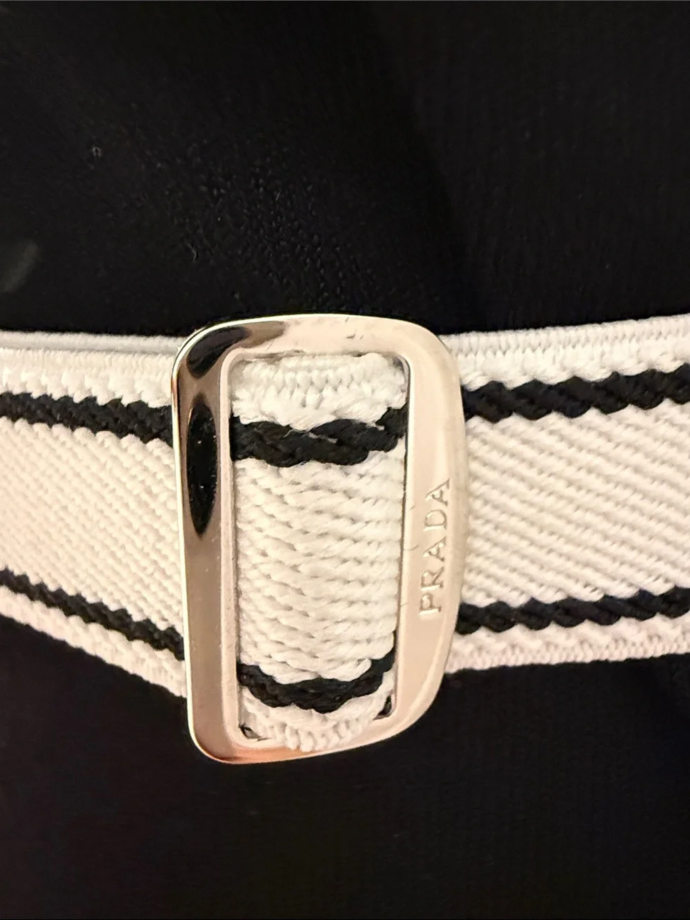 Prada Milano Adjustable Web Belt White Navy Stripe Silver Buckle Size 40 NEW